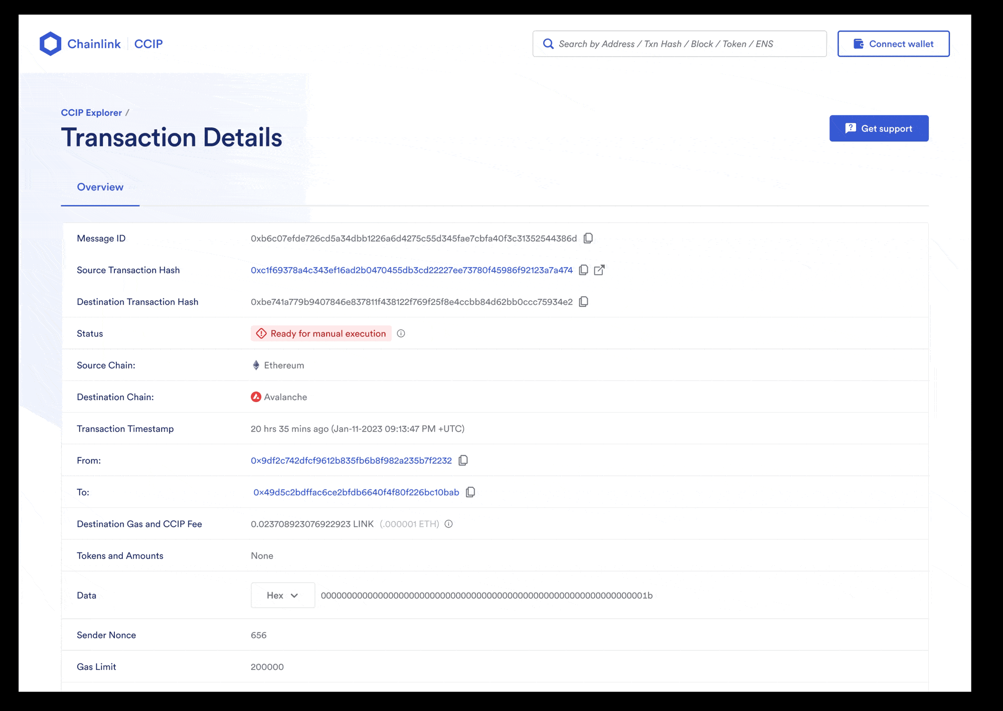 CCIP manual execution support ticket submission interface showing form fields and submission button
